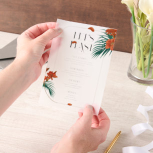 Sophisticated Tropical Flowers Wedding Menu Vellum Invitations