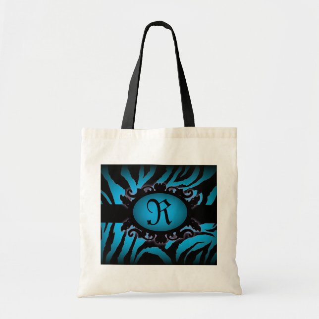 Sophisticated turquoise Zebra Print monogram Tote Bag (Front)