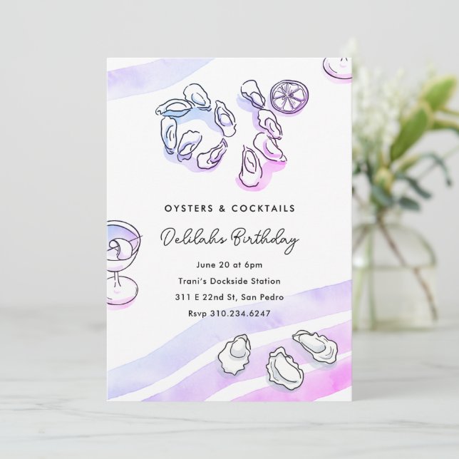 Sophisticated Watercolor Ink Oysters and Cocktails Invitation (Standing Front)