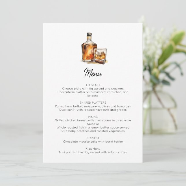 Sophisticated Whiskey & Cigar Birthday Menu (Standing Front)