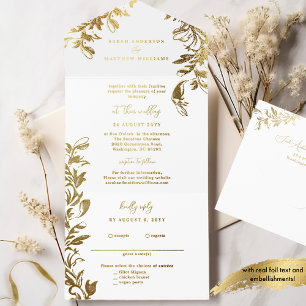 Sophisticated White and Gold Foil Leaves All In On One Invitation