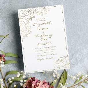 Sophisticated white faux gold peony floral Wedding Invitation