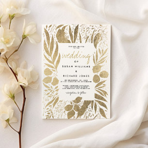 Sophisticated white gold foliage floral wedding  invitation