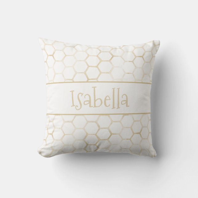 Sophisticated White Gold Hexagon Beehive Pattern Throw Pillow (Front)