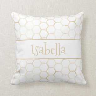 Sophisticated White Gold Hexagon Beehive Pattern Throw Pillow