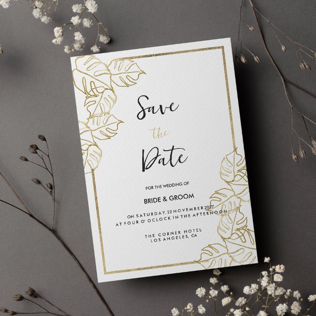 Sophisticated white gold tropical Save the Date Invitation (Sophisticated white gold tropical Save the Date )