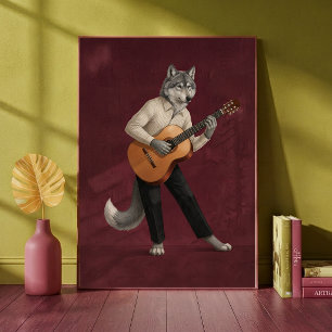 Sophisticated Wolf Playing Acoustic Guitar Art Poster