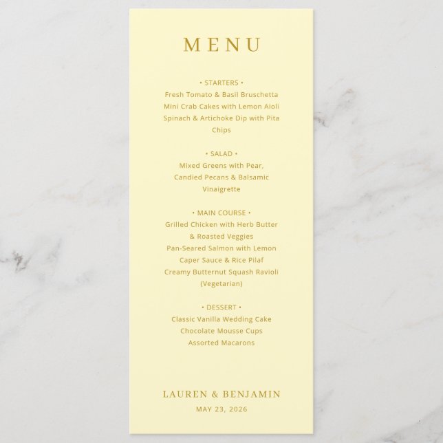 Sophisticated Yellow Wedding Menu (Front)