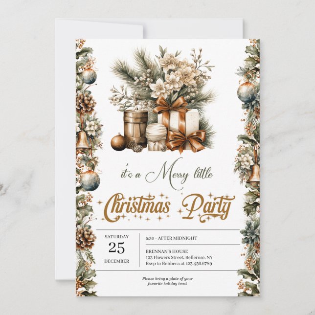 Sophistication vintage green and gold holiday invitation (Front)
