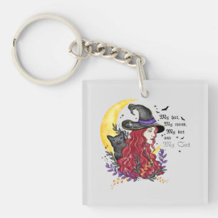 Sorcière, chat noir et lune de croissant
