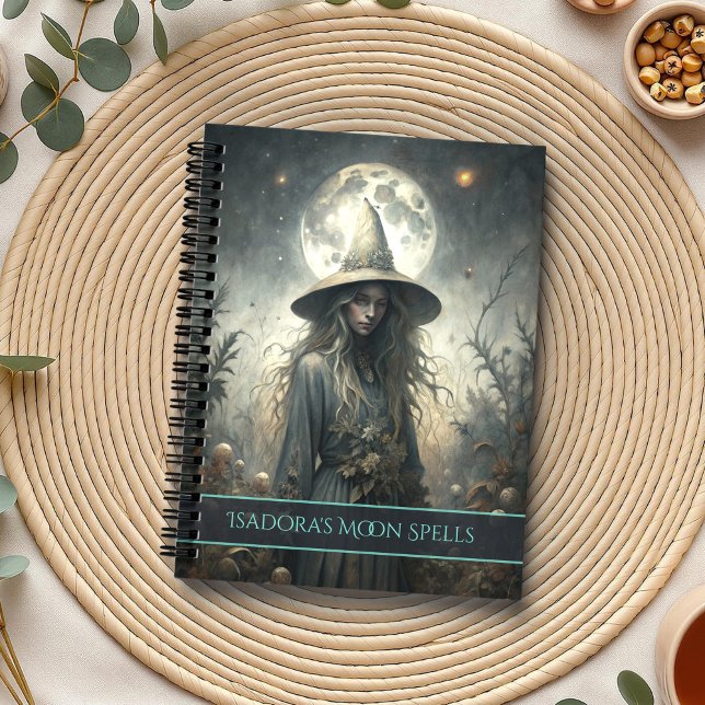 Sorcière de lune foncée - Journal Grimoire personn (Dark Moon Witch – Custom Grimoire Journal on a boho table with botanicals and a cup of tea.)