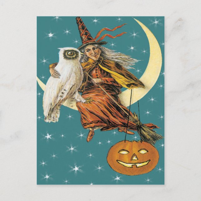 Sorcière Et Chouette Sur La Lune Carte Postale Vin (Devant)