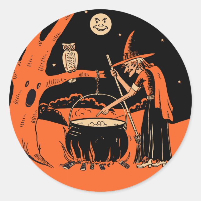 Sorcière Halloween vintage avec Stickers Cauldron (Devant)