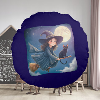 Sorcière mignonne avec Coussin rond Chat