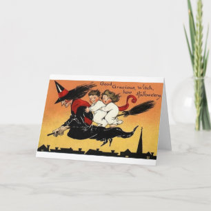 Sorcière vintage sur la carte d'Halloween Broomsti