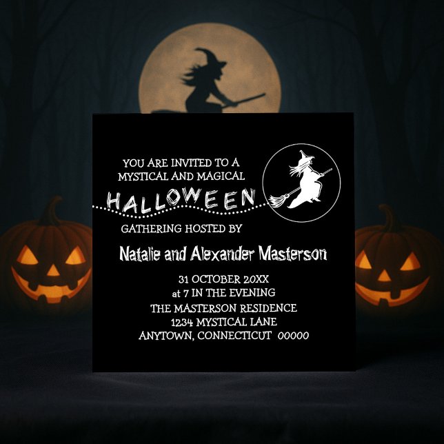 Sorcière volante Invitation de la fête d'Halloween (Black Flying Witch Halloween Party Invite)
