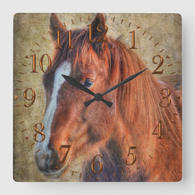Sorrel Horse Portrait on Rustic Grunge-effect Square Wall Clock (Front)