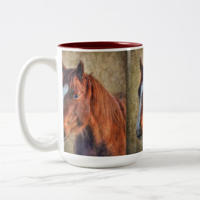 Sorrel Horse Portrait on Rustic Grunge-effect Two-Tone Coffee Mug (Left)
