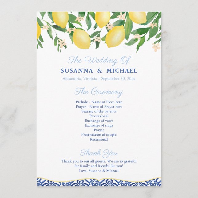 Sorrento Lemons Blue Italian Tiles Wedding Program (Front)