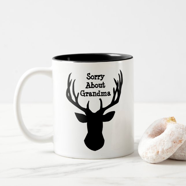 Sorry About Grandma Christmas Reindeer  Two-Tone Coffee Mug (With Donut)