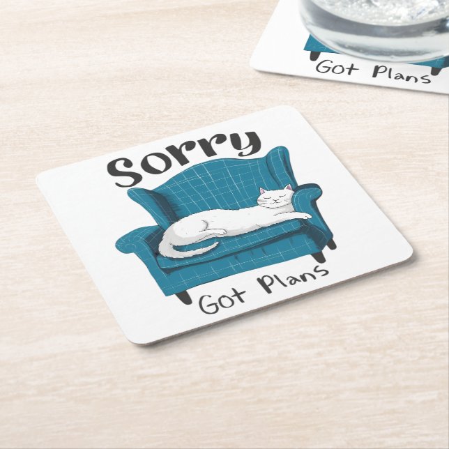 Sorry Got Plans Funny Cat Lover Gift  Square Paper Coaster (Angled)