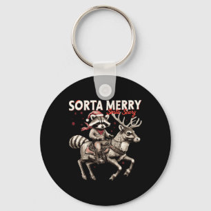 Sorta Merry Sorta Scary Christmas Funny Raccoon Ri Keychain