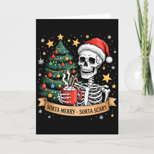 Sorta Merry Sorta Scary Retro Skeleton Hot Cocoa C Card (Front)