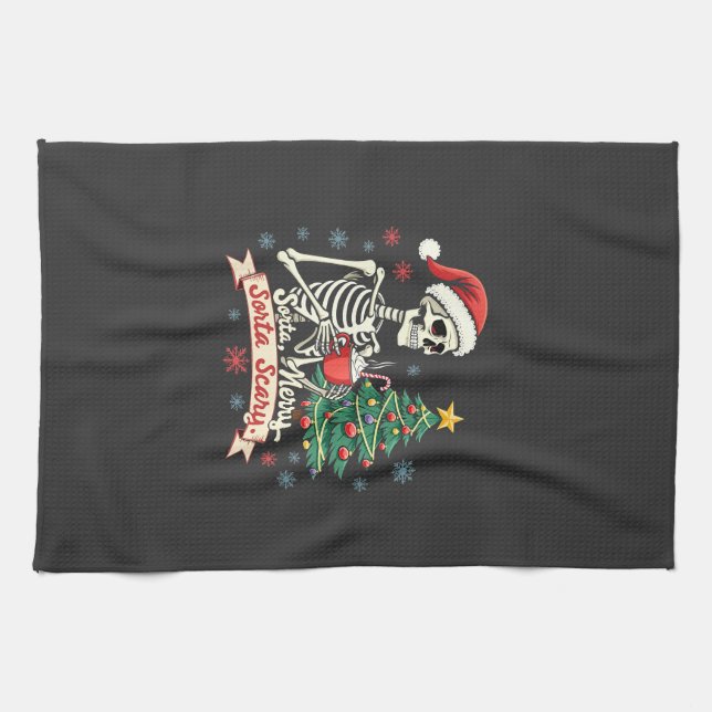Sorta Merry Sorta Scary Spooky Skeleton Xmas  Kitchen Towel (Horizontal)