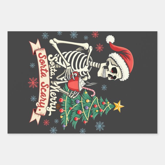 Sorta Merry Sorta Scary Spooky Skeleton Xmas  Wrapping Paper Sheet (Front)