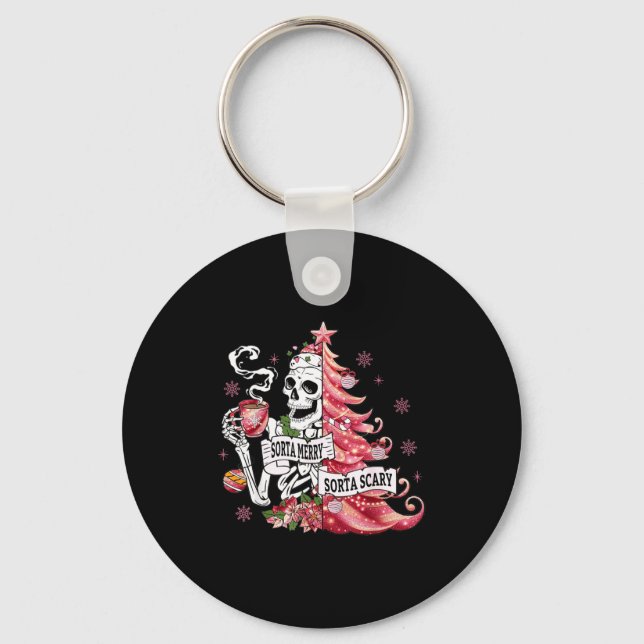 Sorta Merry Sorta Y Funny Skeleton Christmas  Keychain (Front)