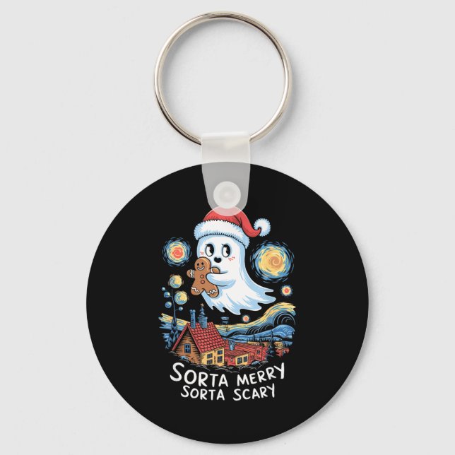 Sorta Merry Sorta Y Santa Ghost Christmas Gingerbr Keychain (Front)