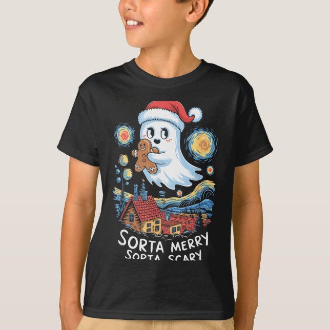 Sorta Merry Sorta Y Santa Ghost Christmas Gingerbr T-Shirt (Front)