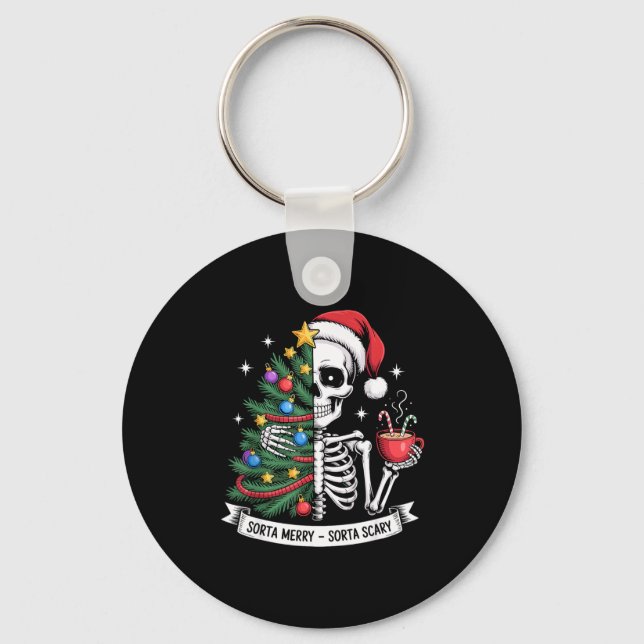 Sorta Merry Sorta Y Santa Skeleton Cocoa Christmas Keychain (Front)