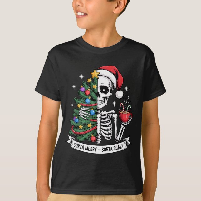 Sorta Merry Sorta Y Santa Skeleton Cocoa Christmas T-Shirt (Front)