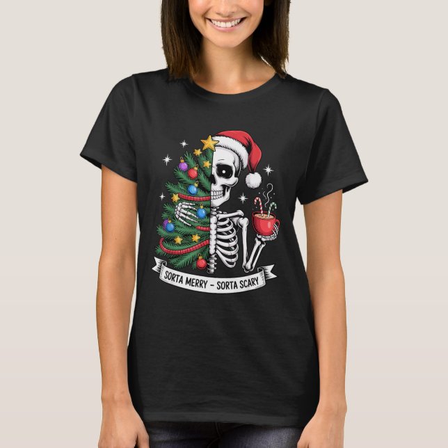 Sorta Merry Sorta Y Santa Skeleton Cocoa Christmas T-Shirt (Front)