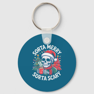 Sorta Merry Sorta Y Skeleton With Santa Hat  Keychain