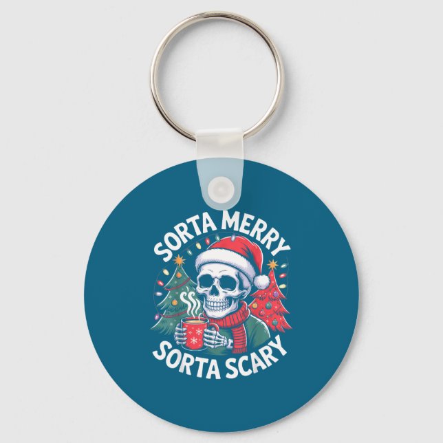 Sorta Merry Sorta Y Skeleton With Santa Hat  Keychain (Front)