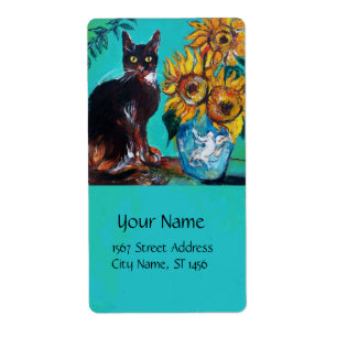 SOUCHES AVEC CHAT NOIR EN TURQUOISE BLEUE