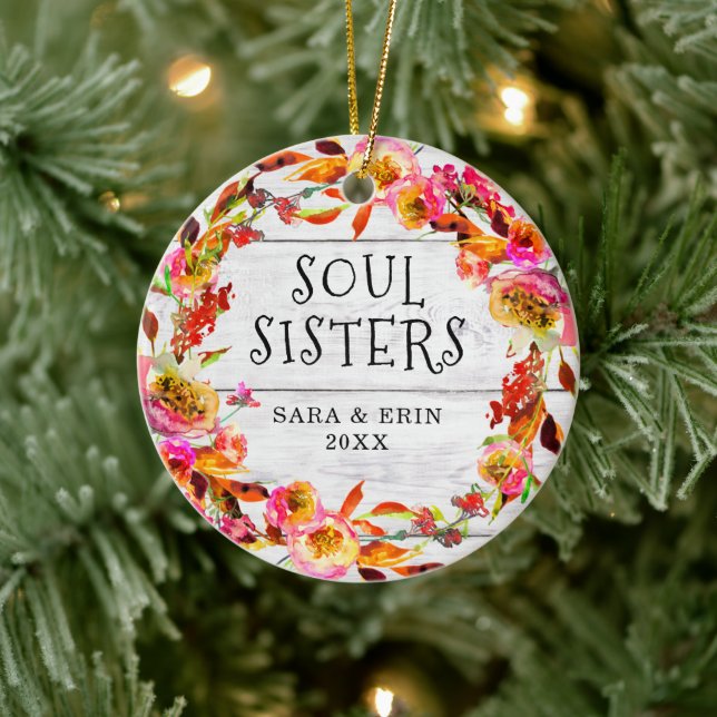 Soul Sisters Personalized Floral Wreath Shiplap Ceramic Ornament (Tree)