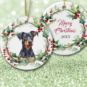 Soulful Doberman Pinscher Dog in Holly Twig Wreath Ceramic Ornament