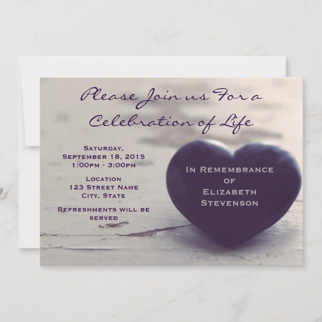 Soulful Purple Heart on a Beach Memorial Invitation (Front)