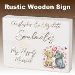 Soulmates happily married cute dogs brown wooden box sign<br><div class="desc">Soulmates Rustic wooden distressed white box sign with brown text.
Very happily married wedding anniversary gift idea for your husband.
Featuring cute dogs and love hearts.</div>