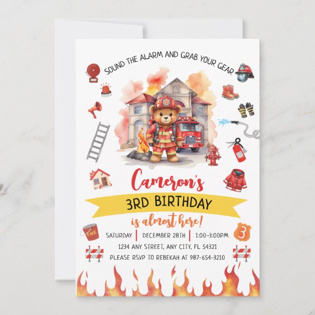 Sound the Alarm Firetruck Birthday Invitation (Front)
