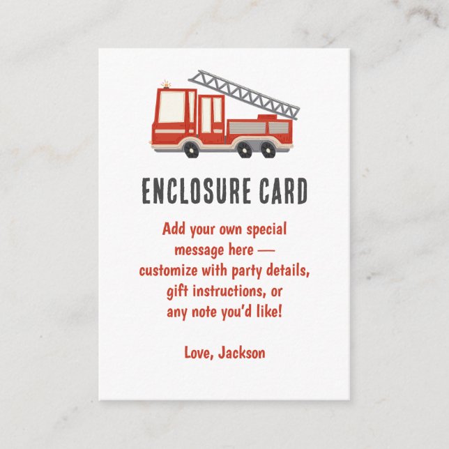 Sound The Alarm Firetruck Birthday Party Enclosure Card (Front)