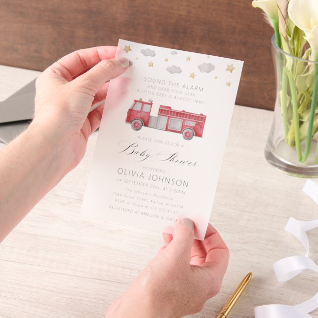 Sound the Alarm Firetruck Firefighter Baby Shower Vellum Invitations (Handheld)