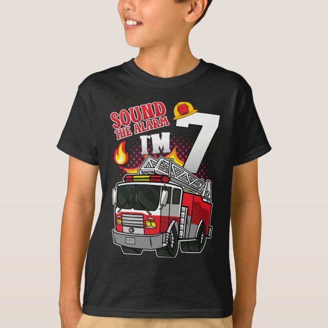 Sound The Alarm I'm 7 Firefighter Boy T-Shirt (Front)