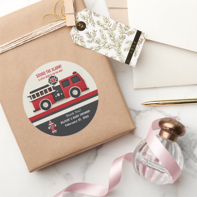 Sound the Alarm Minimalist Firefighter Baby Shower Classic Round Sticker (Gifting)