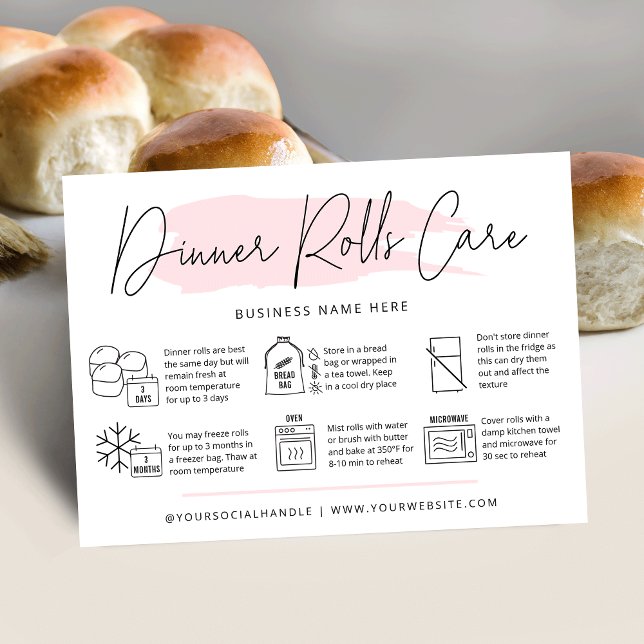 Sourdouf Diner Rolls Carte de soins Aquarelle rose (Trendy sourdough dinner rolls care cards with icons, modern pink watercolor design and your logo)