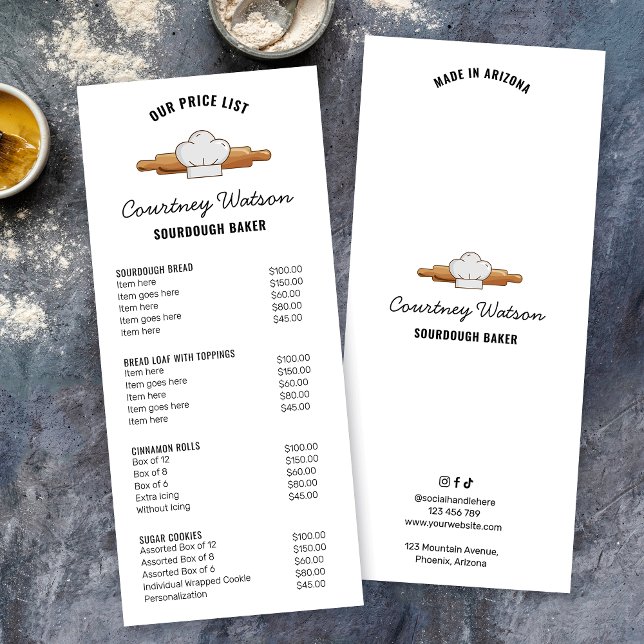 Sourdough Bread Baker Modern 4x9" Menu Price List (Modern bakery price list rack card with bakery clipart in minimalist black & white)