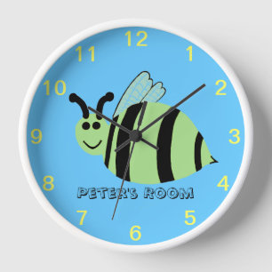Souriant Bumble Bee Kids Numéroté Bleu Mur Horloge